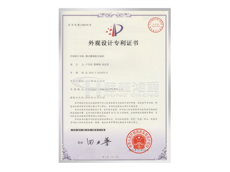 擺式磨粉機(jī)分級(jí)機(jī)獲取外觀設(shè)計(jì)專(zhuān)利 設(shè)計(jì)人:盧樂(lè)民,范順利,容北國(guó)